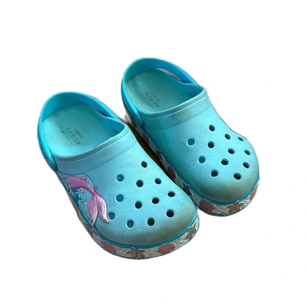 CROCS Kids Aqua Mermaid Clogs Sz 13 Seashells Pink Blue Sandals Girls